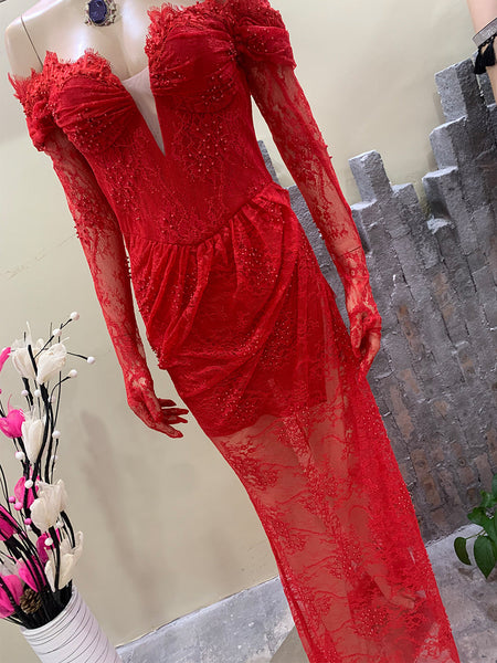 Off Shoulder Long Sleeve Lace Maxi Bodycon Dress HT891