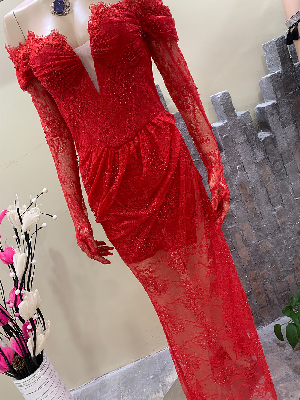 Genevra Fontaine — Off Shoulder Long Sleeve Lace Maxi Bodycon Dress HT891, alternate view 4