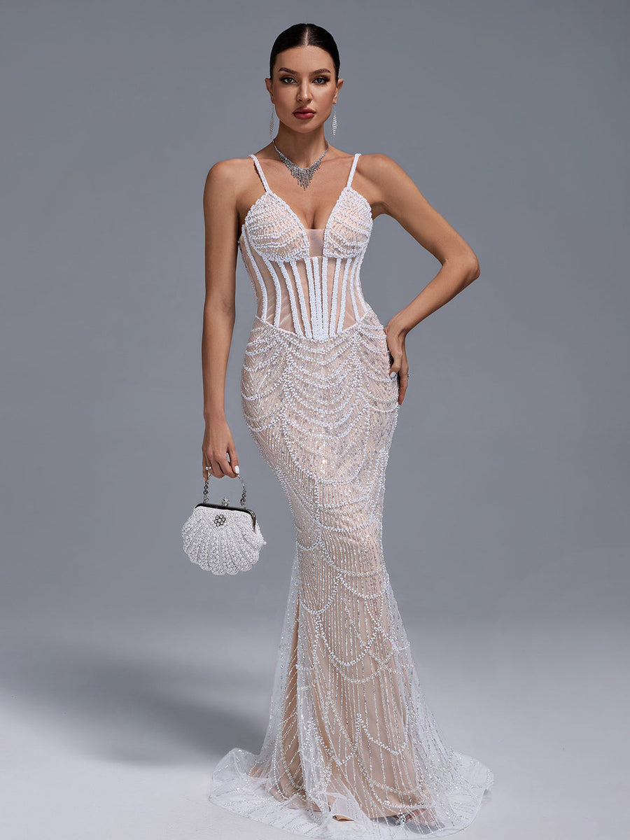 Pearls Gauze Fishbone Bustier Maxi Dress