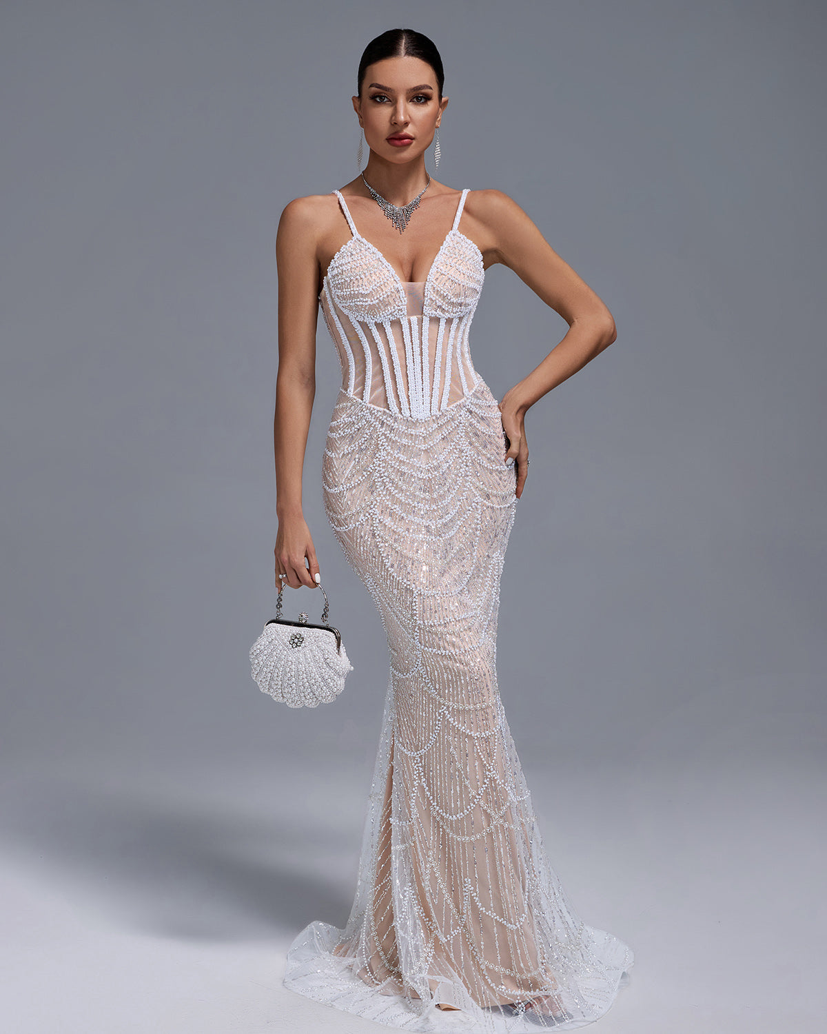 Pearls Gauze Fishbone Bustier Maxi Dress