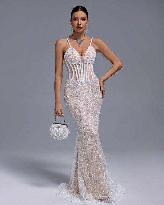 Pearls Gauze Fishbone Bustier Maxi Dress - Opulent Empire