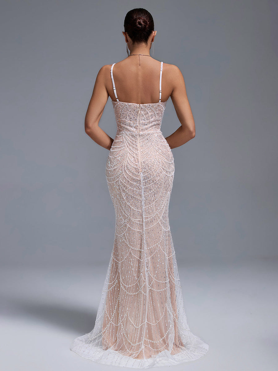 Pearls Gauze Fishbone Bustier Maxi Dress