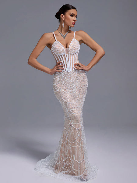 Pearls Gauze Fishbone Bustier Maxi Dress