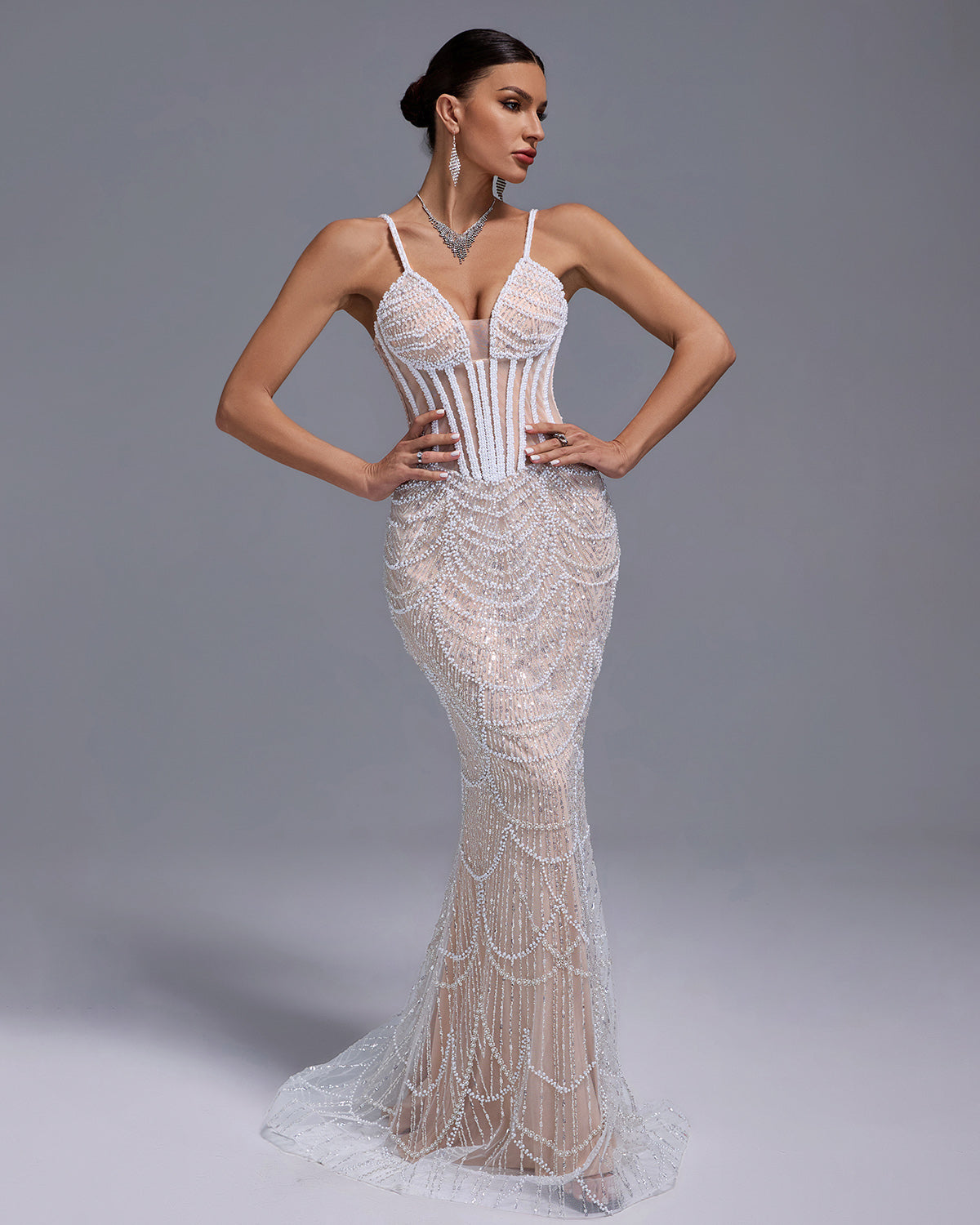 Pearls Gauze Fishbone Bustier Maxi Dress