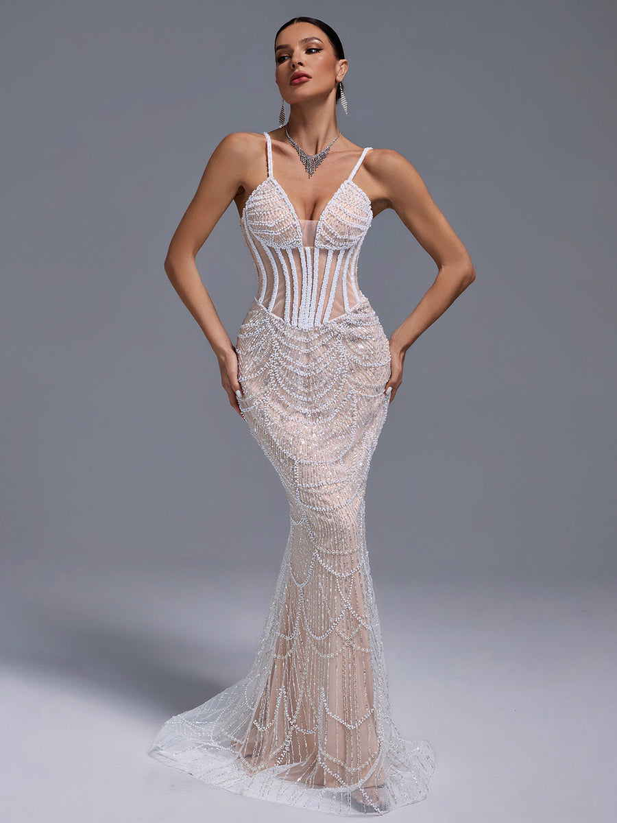 Pearls Gauze Fishbone Bustier Maxi Dress