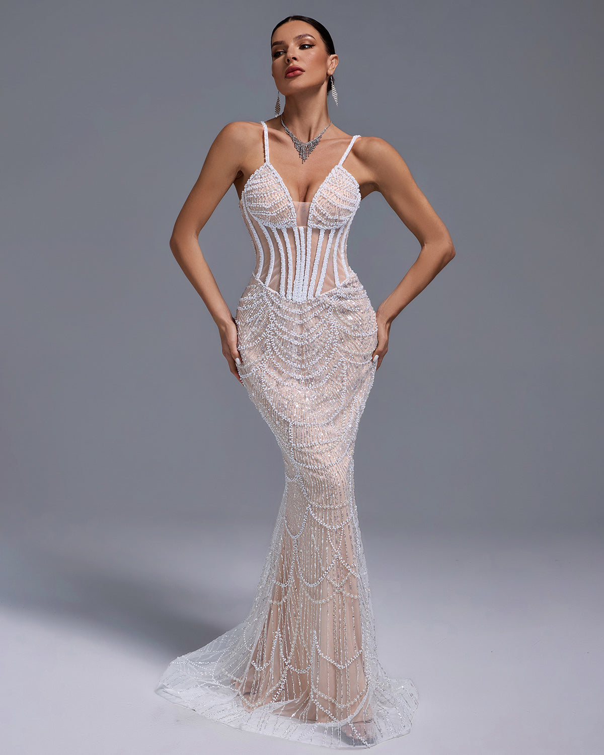 Oriana — Pearls Gauze Fishbone Bustier Maxi Dress, alternate view 5