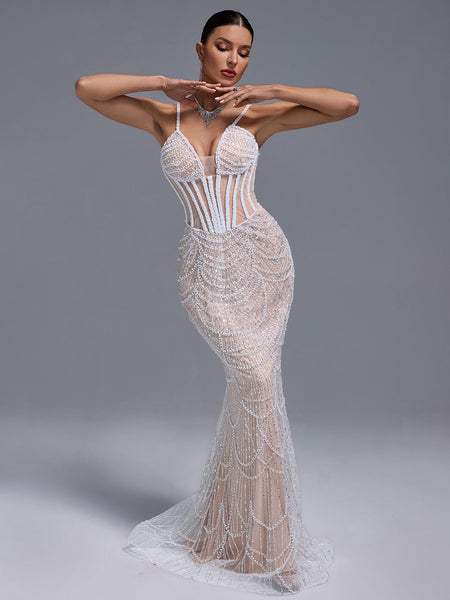 Pearls Gauze Fishbone Bustier Maxi Dress