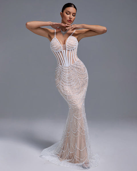 Pearls Gauze Fishbone Bustier Maxi Dress