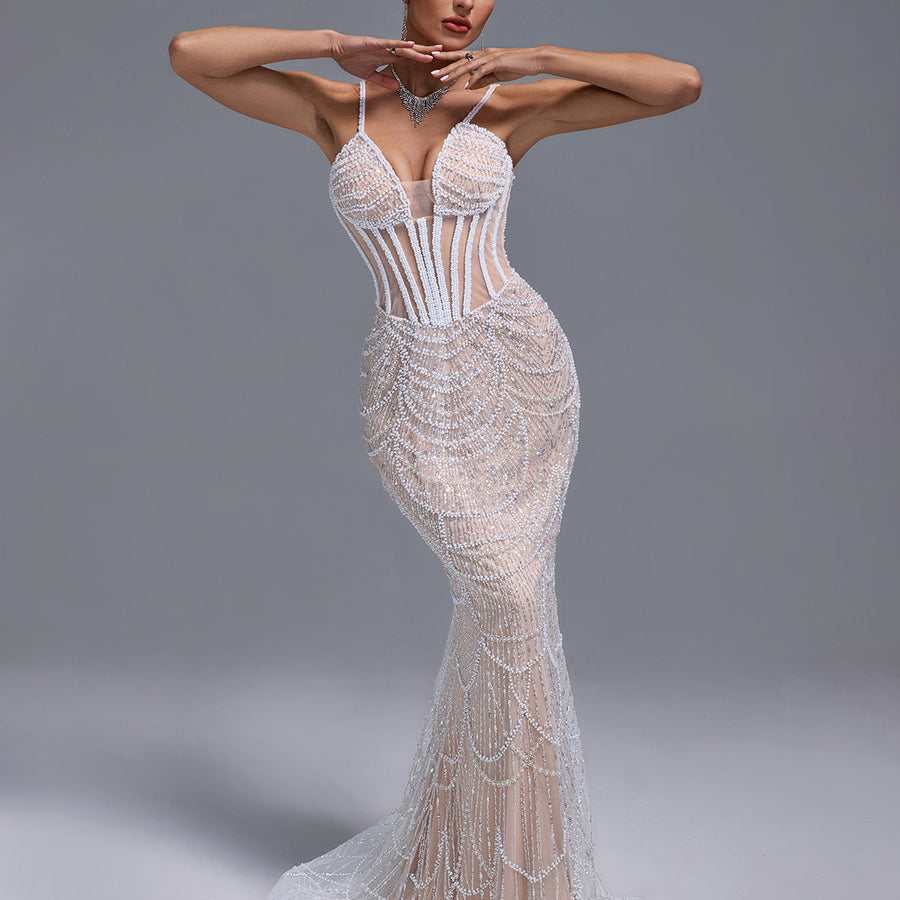 Pearls Gauze Fishbone Bustier Maxi Dress