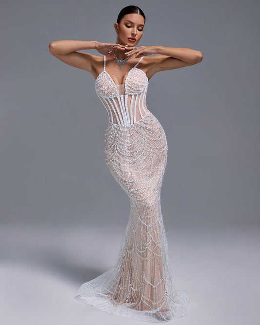 Pearls Gauze Fishbone Bustier Maxi Dress - Opulent Empire