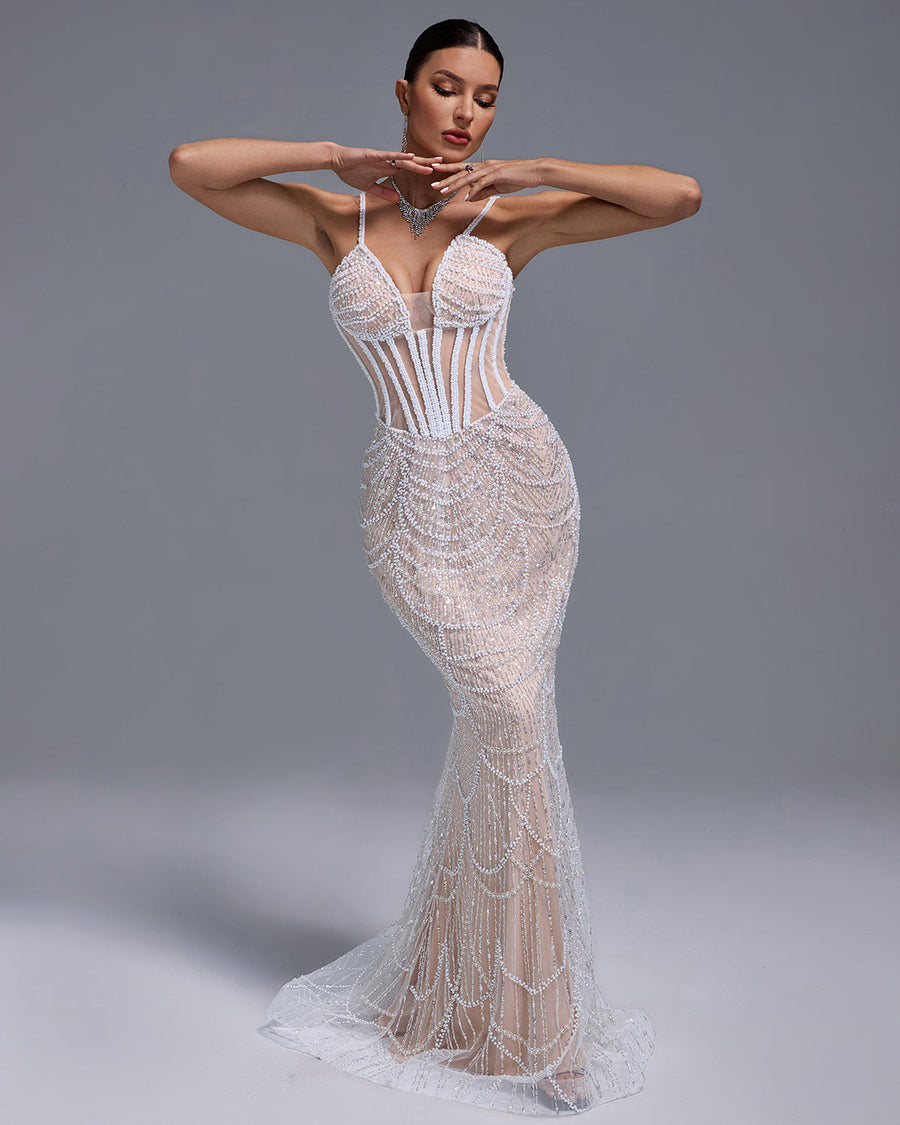 Oriana — Pearls Gauze Fishbone Bustier Maxi Dress