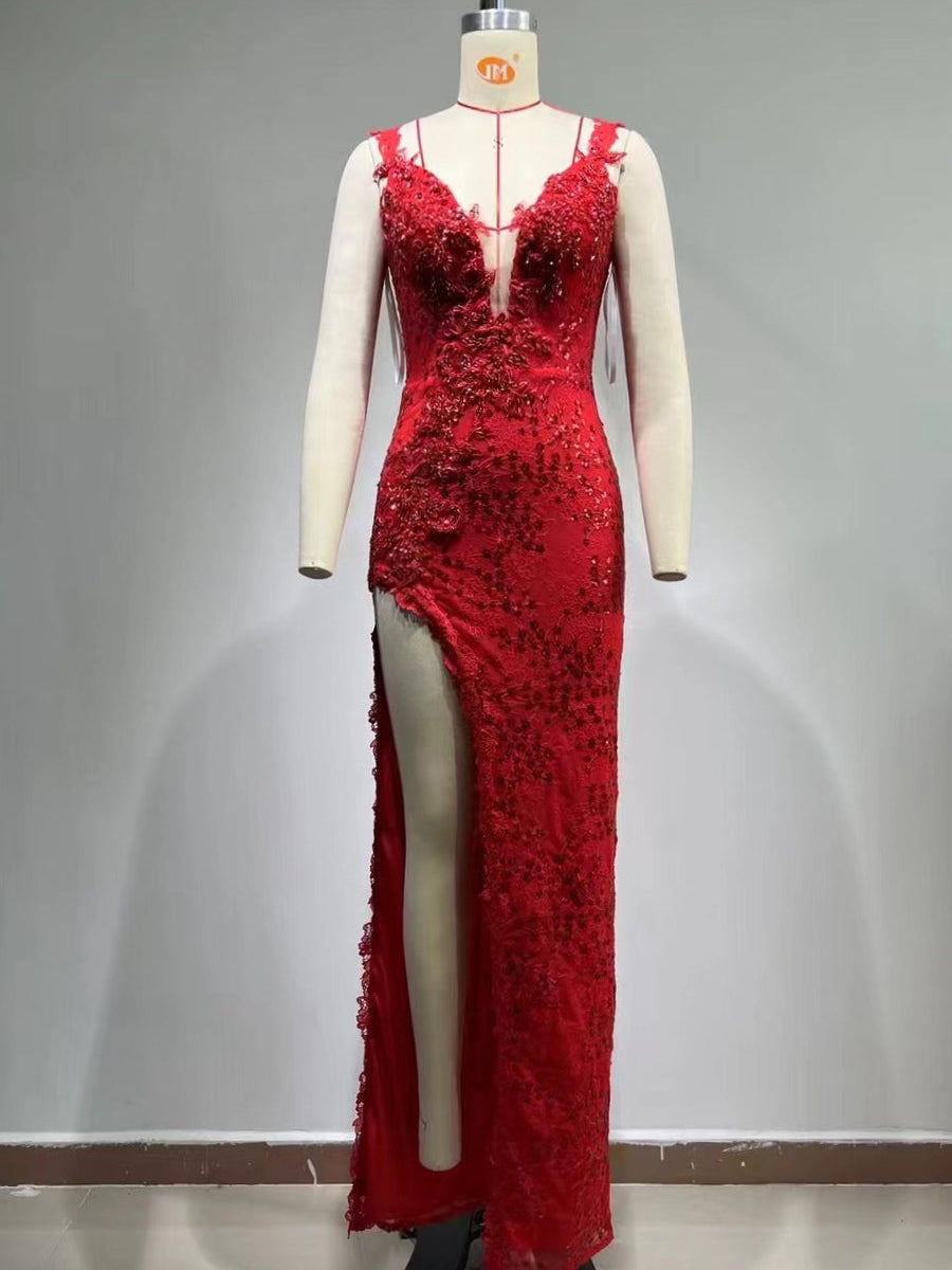 Strappy Sleeveless Lace Maxi Bodycon Dress HT965