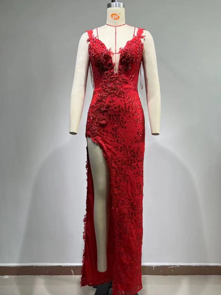 Strappy Sleeveless Lace Maxi Bodycon Dress HT965