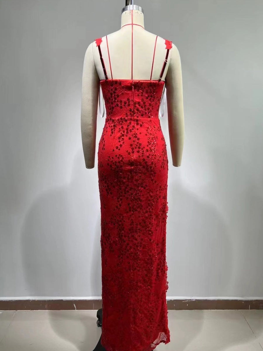 Strappy Sleeveless Lace Maxi Bodycon Dress HT965