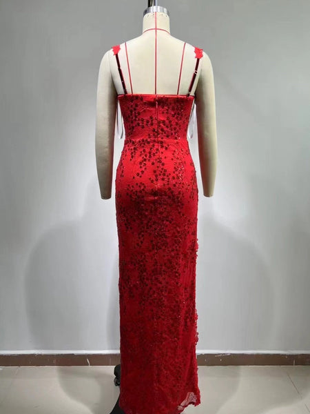 Strappy Sleeveless Lace Maxi Bodycon Dress HT965