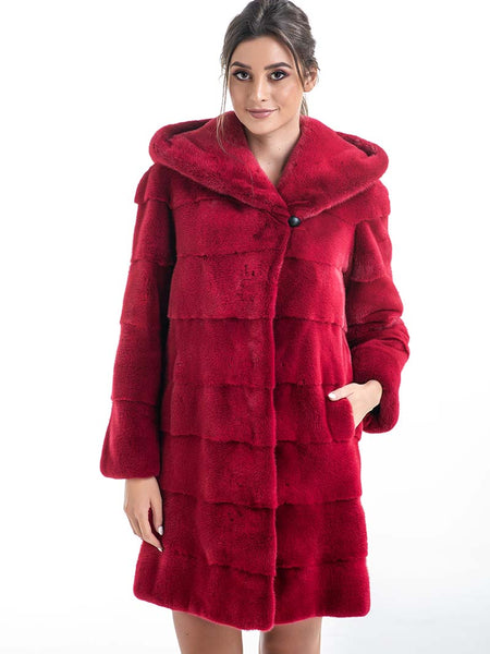 Red Genuine Mink Fur Midi Hooded Coat