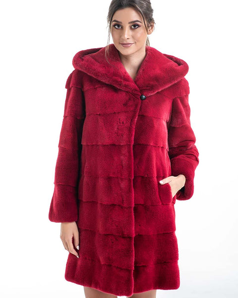 Red Genuine Mink Fur Midi Hooded Coat