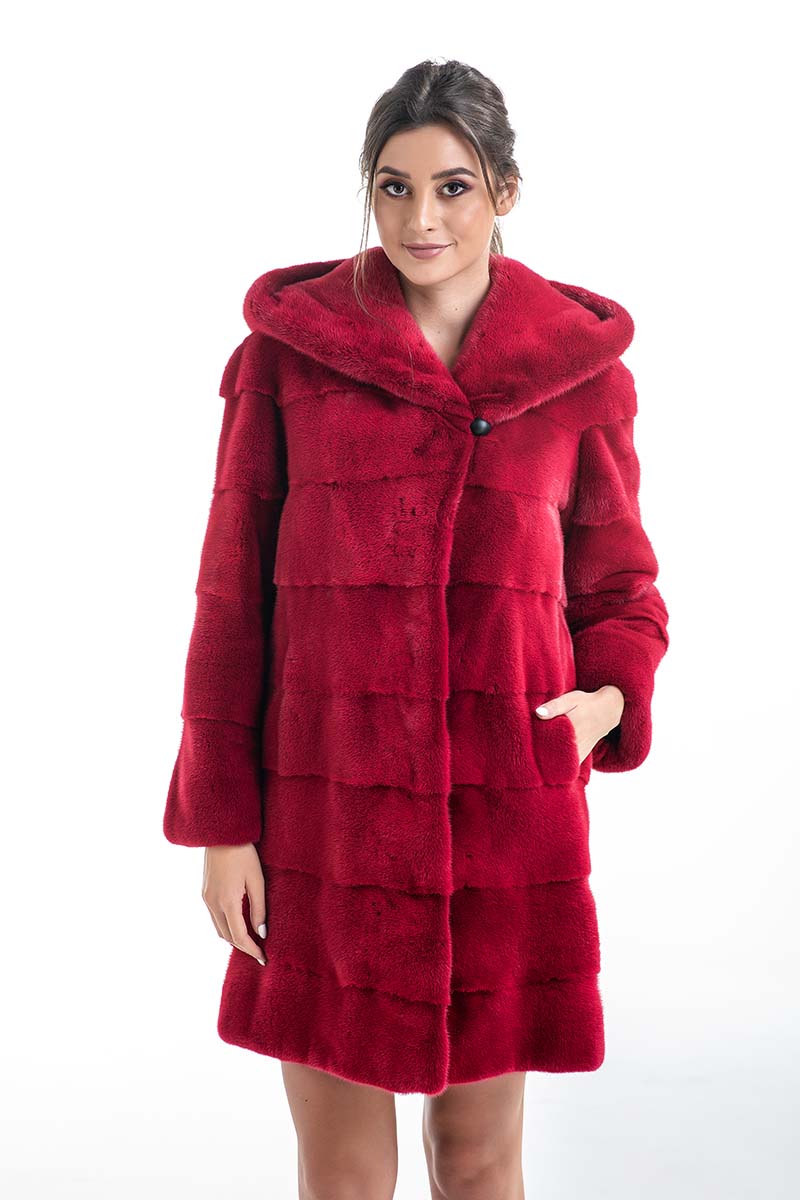 Sidonie — Red Genuine Mink Fur Midi Hooded Coat, alternate view 2