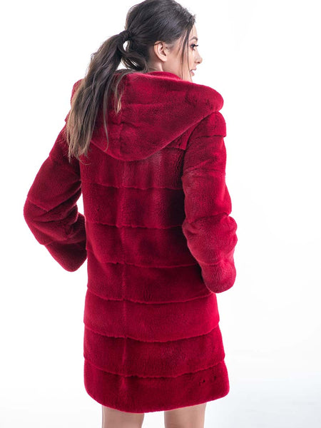 Red Genuine Mink Fur Midi Hooded Coat