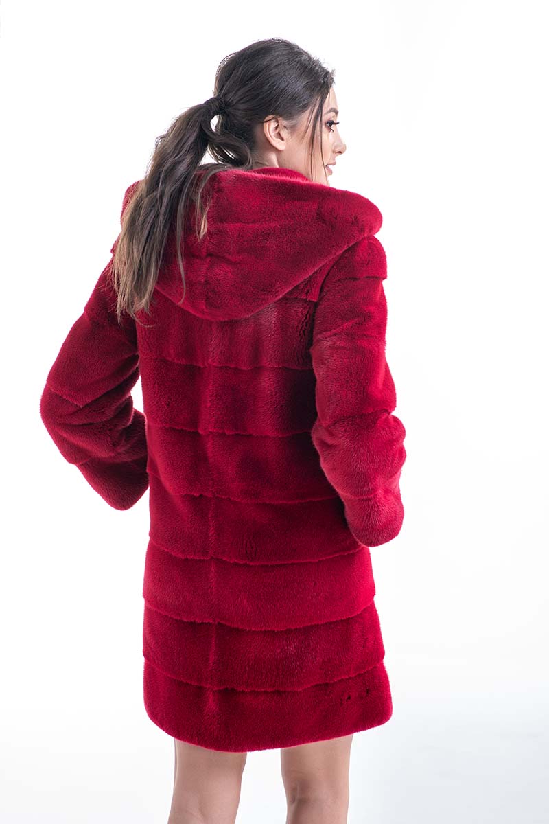 Sidonie — Red Genuine Mink Fur Midi Hooded Coat, alternate view 3