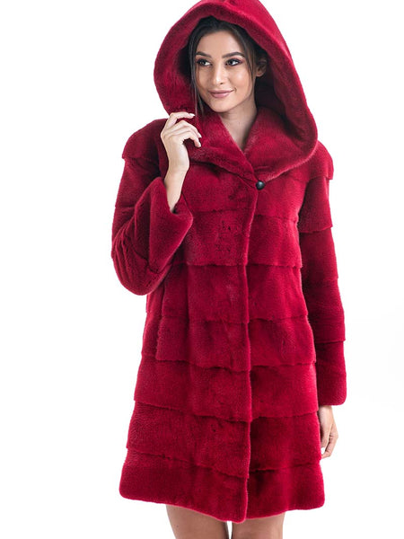 Red Genuine Mink Fur Midi Hooded Coat