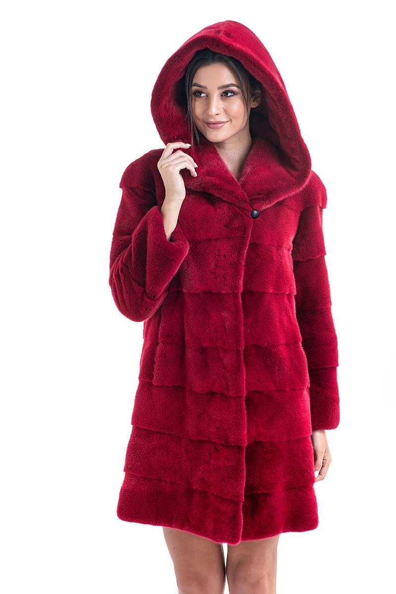 Sidonie — Red Genuine Mink Fur Midi Hooded Coat