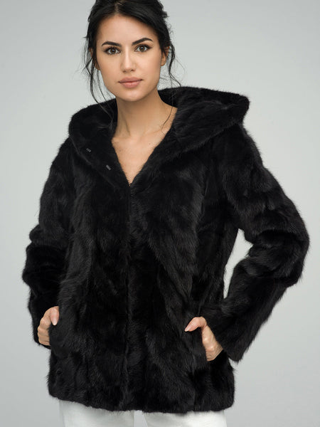 Black Genuine Hooded Mink Fur Coat