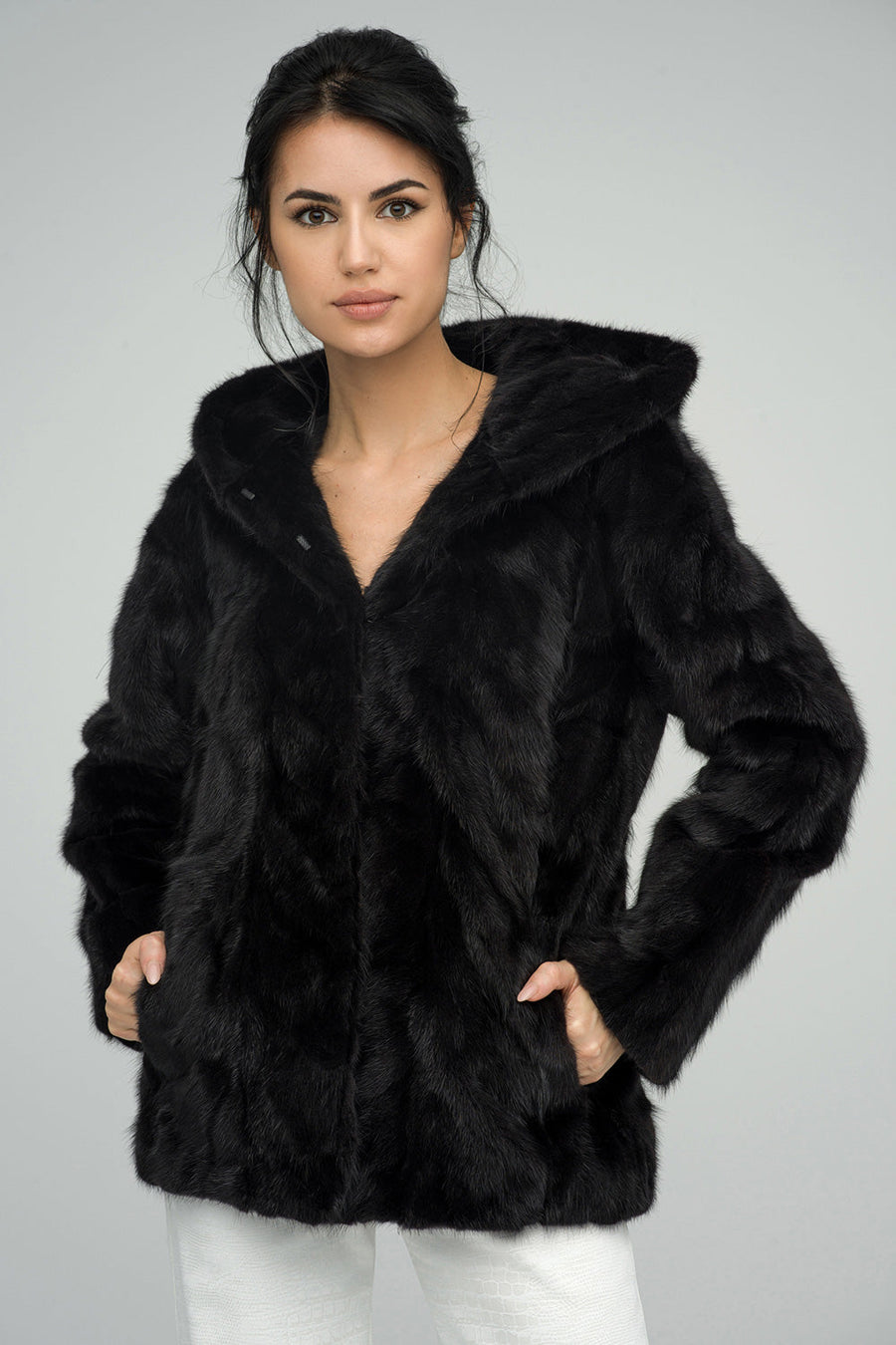Honora — Black Genuine Hooded Mink Fur Coat