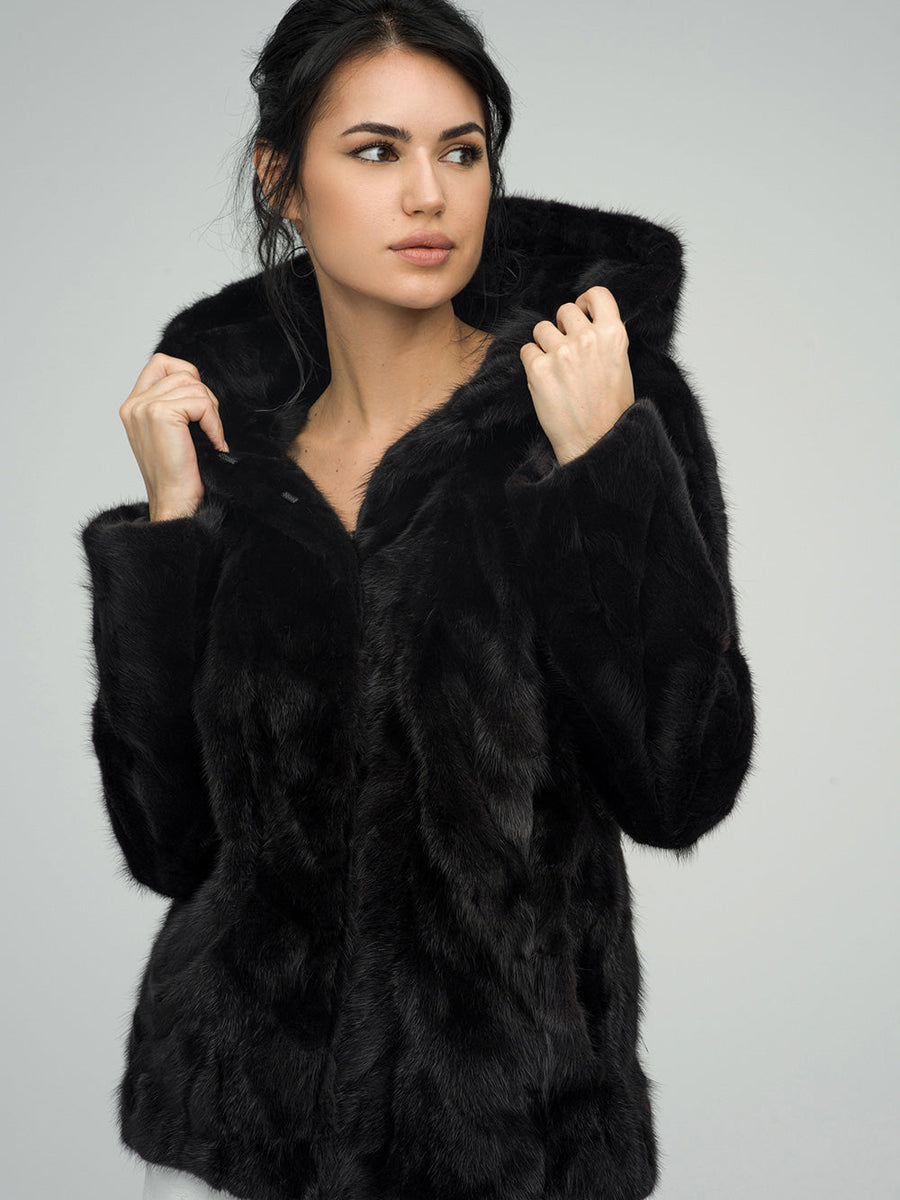 Black Genuine Hooded Mink Fur Coat