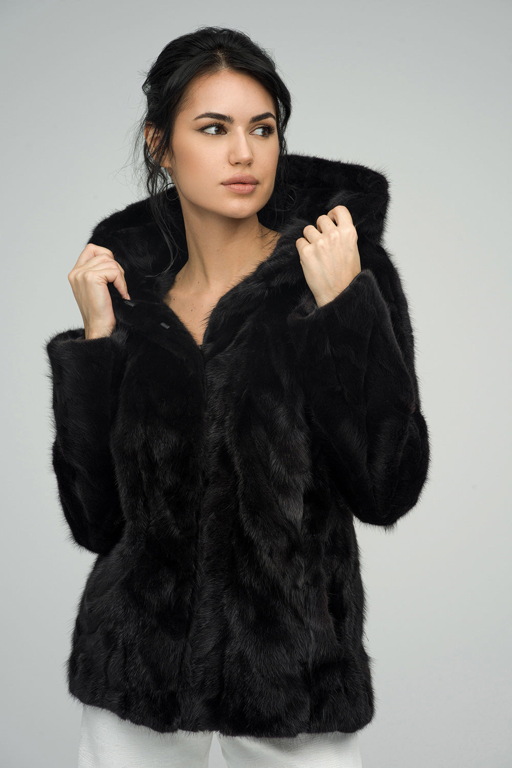 Honora — Black Genuine Hooded Mink Fur Coat, alternate view 3