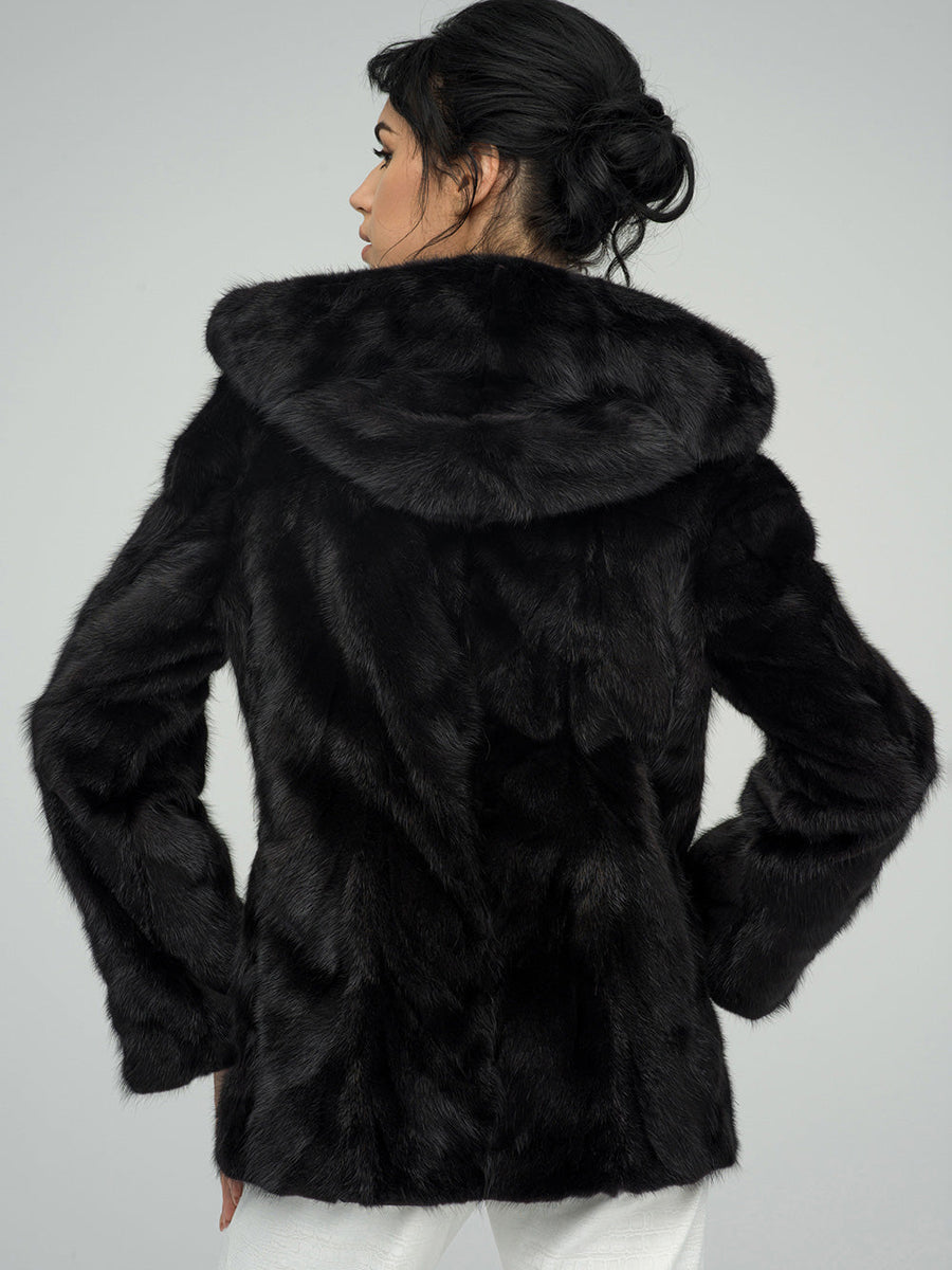 Black Genuine Hooded Mink Fur Coat