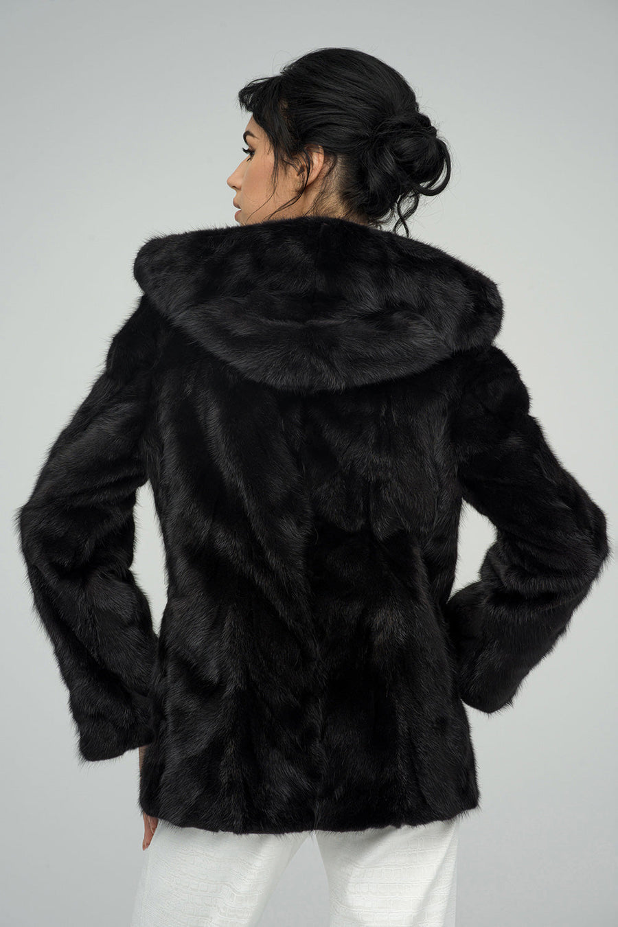 Honora — Black Genuine Hooded Mink Fur Coat, alternate view 2