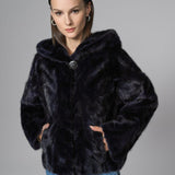 Navy Blue Hooded Nutria Mink Fur Coat-0
