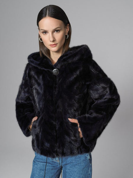 Navy Blue Hooded Nutria Mink Fur Coat-0