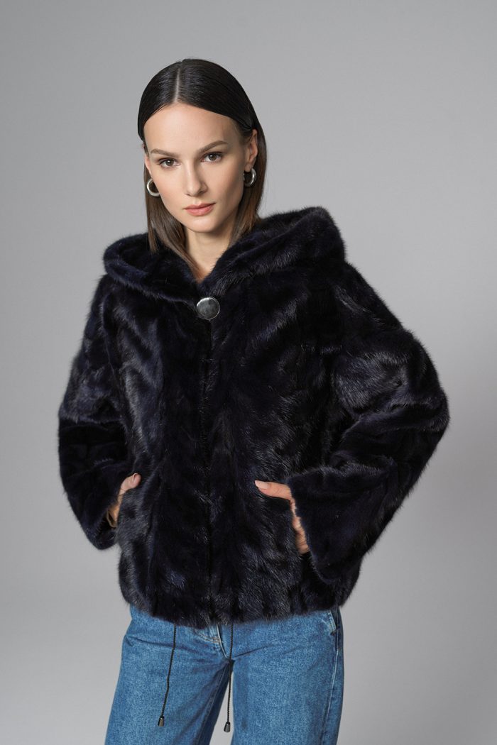 Iridessa — Navy Blue Hooded Nutria Mink Fur Coat