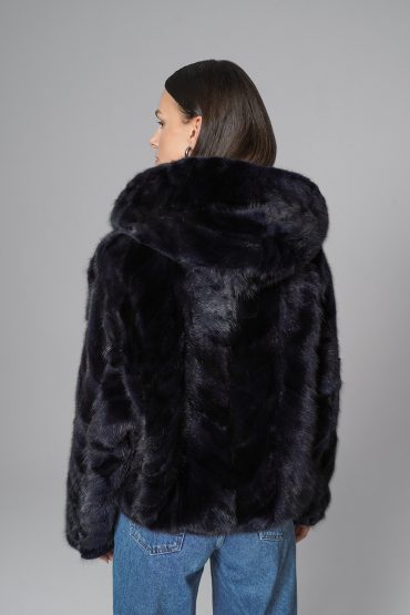 Iridessa — Navy Blue Hooded Nutria Mink Fur Coat, alternate view 2