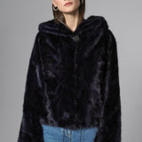 Navy Blue Hooded Nutria Mink Fur Coat-2