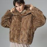 Taupe Hooded Nutria Mink Fur Coat-0