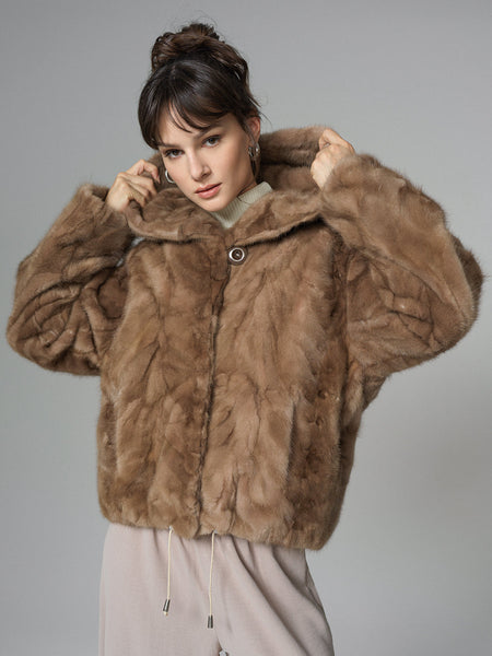 Taupe Hooded Nutria Mink Fur Coat-0