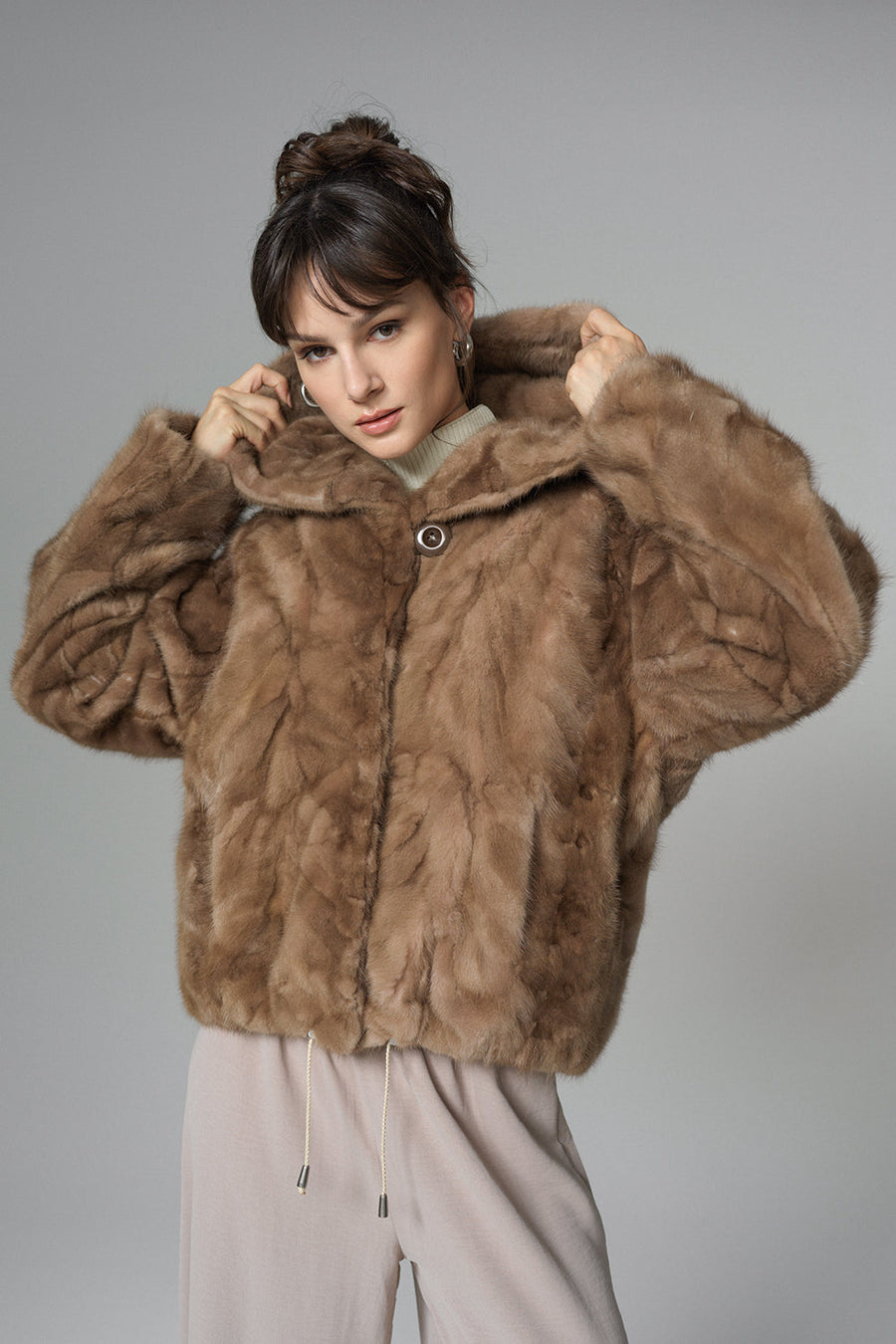 Leonora Beaumont — Taupe Hooded Nutria Mink Fur Coat