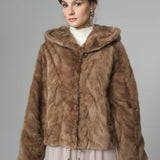 Taupe Hooded Nutria Mink Fur Coat-2