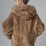 Taupe Hooded Nutria Mink Fur Coat-1