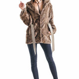 Taupe Hooded Genuine Mink Fur Coat with Leather Belt-0
