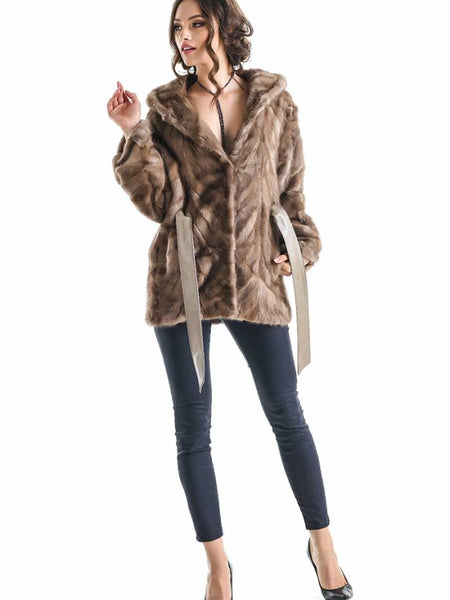 Taupe Hooded Genuine Mink Fur Coat with Leather Belt-0