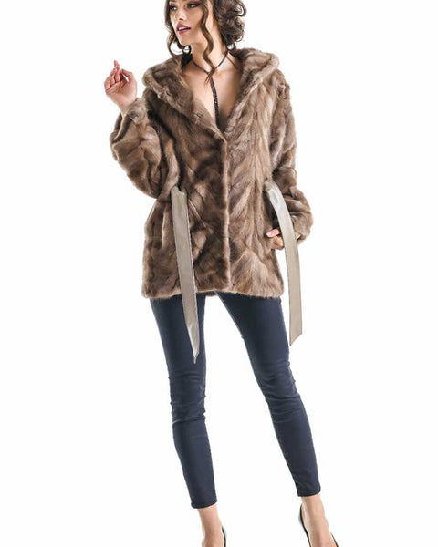 Taupe Hooded Genuine Mink Fur Coat with Leather Belt-0