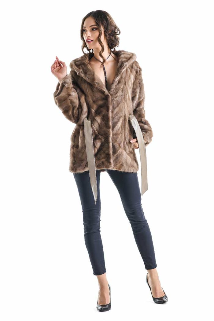 Damaris Beaumont — Taupe Hooded Genuine Mink Fur Coat with Leather Belt