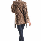 Taupe Hooded Genuine Mink Fur Coat with Leather Belt-1