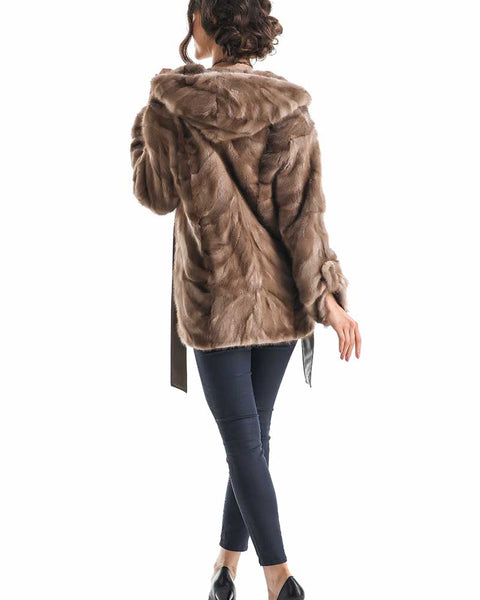 Taupe Hooded Genuine Mink Fur Coat with Leather Belt-1