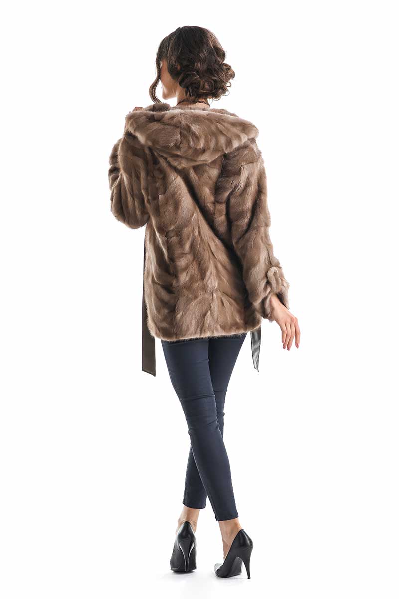 Damaris Beaumont — Taupe Hooded Genuine Mink Fur Coat with Leather Belt, alternate view 2