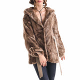 Taupe Hooded Genuine Mink Fur Coat with Leather Belt-2